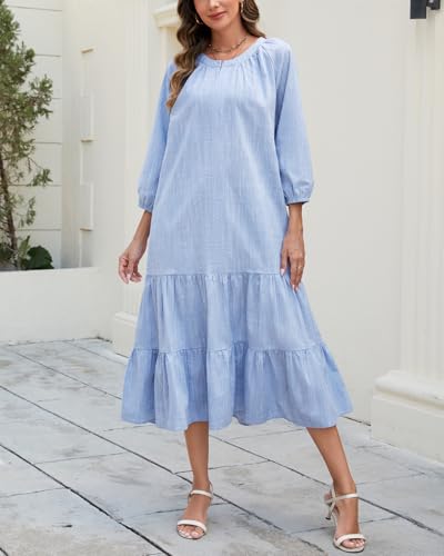 Image of YEXPINE Women's Ruffle Maxi Dress Puff Sleeve Flowy Tiered Long Dress with Belt