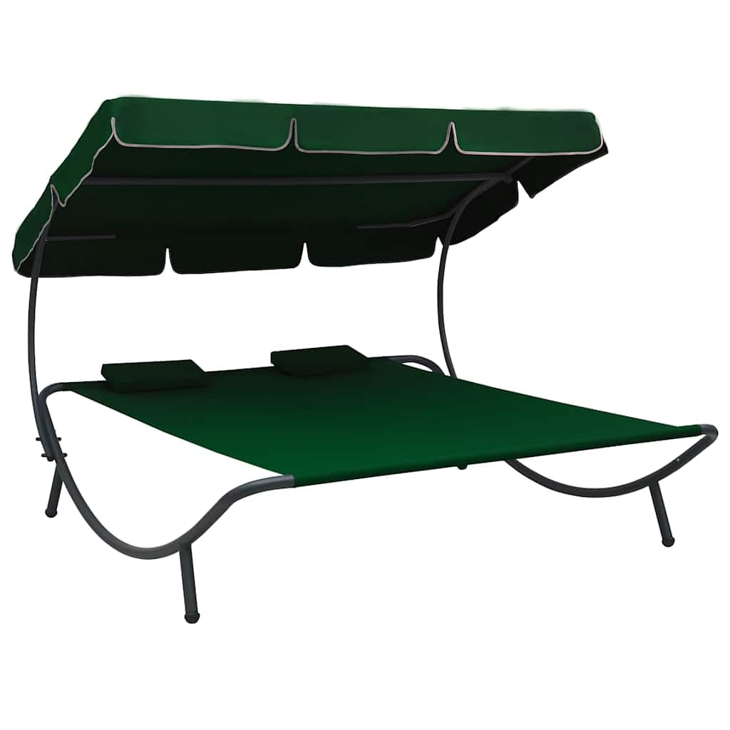 Sonnenliege mit Sonnendach und Kissen in Grün für Garten, Terrasse und Strand, wetterfeste Doppel-Liege mit Polstern, verstellbarem Dach, Schutzabdeckung, ideal für Erholung im Freien