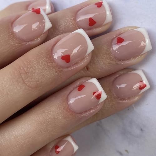 24 Pcs Valentines Press on Nails Short Fake Nails Nude Pink False Nails French Nails with Heart Designs Glossy Full Cover Square Nails Stick on Nails Reusable Nails for Women Girls Valentines Nails