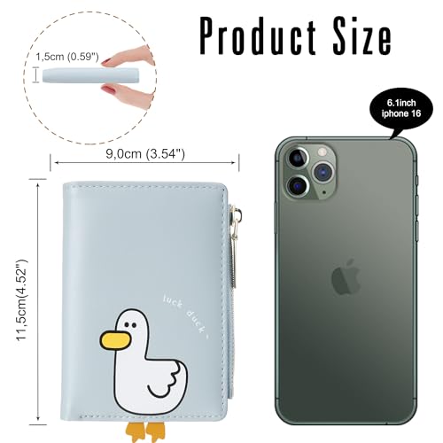 Image of CONISY Cute Wallets for Women, Leather Bifold Small Wallet with Zipper Coin Purse, RFID Blocking Wallet for Girls and Ladies, Duck Blue, Moden