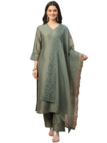 Image of FABIAN FASHION Women's Maroon Straight Kurta Palazzo Pant with Organza Dupatta Set Festive Ethnic Wear(ES 2537)