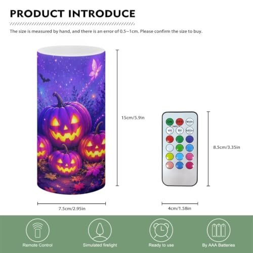 Image of Poceacles Halloween Flameless Light Candles Battery Operated Candles with Color Changing Timer Remote Control Tealights for Halloween Party Decor, Violet Pumpkin Butterfly Bat Print