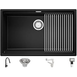 Fregadero Praga Fregadero Cocina 76x47 cm, Fregadero Granito Un Seno + Grifo + enrollable escurridor + Sifón Clásico, Fregadero bajo encimera Prague 80 Level de Primagran, Negro