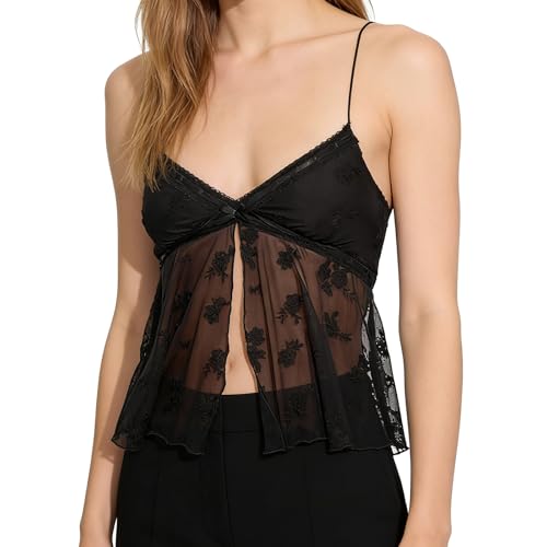 Women Floral Mesh Tank Tops V Neck Sheer Split Front...
