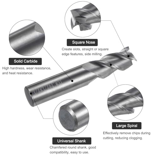 Image of uxcell Carbide Square End Mill, 3 /4 inch Diameter Uncoated 3 Flutes Milling Bit Cutter, for Aluminum Copper Non-Ferrous Metal, 3 /4 inch Shank 1-5 /8 inch Cut Length 4 inch Long