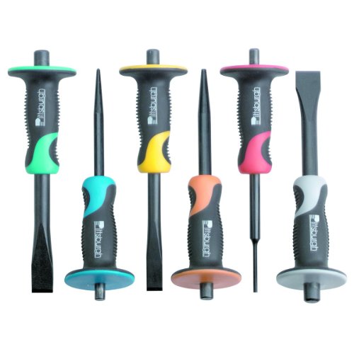 6 Piece Professional Punch and Chisel Set Color Coded with Oil-resistant Cushion Grips