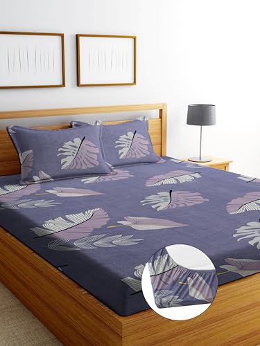 Image of DECORUM Glace Cotton Fitted 1 Bedsheet King Size (72 inchx78 inch) | All Around Elastic | Cotton Feel | 2 Pillow Covers (17 inchx27 inch) | Fits Up to 8 inch Mattress | 200-220 TC | Printed Double Bed Sheet Set