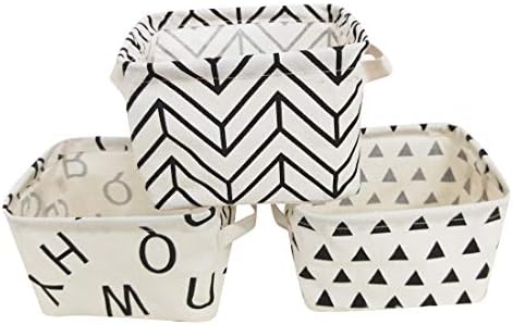 HIYAGON Small Storage Basket,Foldable Sundry Cosmetic Storage Box,Fabric Desk Organizer with Handles for Home Office Desktop,Set of 3(White)