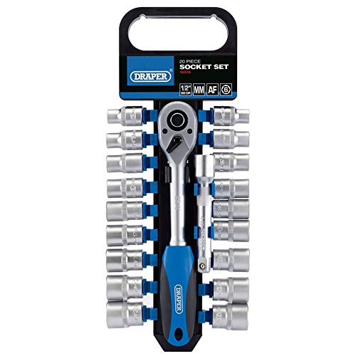 Draper 16376 1/2-Inch Square Drive Combined MM/AF Socket and Ratchet 20 Piece Set, Blue, Variety pack