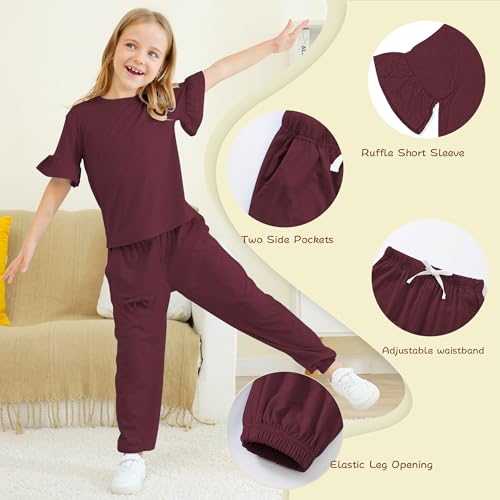 Image of Kids Girls Outfits Ruffle Sleeve T-Shirt Pants Set 2Piece 4-13 Years