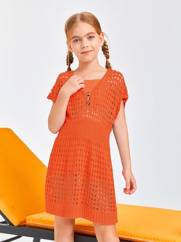 Image of Haloumoning Girls Crochet Swim Beach Cover Up Kids Fashion Button Short Sleeve Swimsuits Cover Ups 5-14 Years