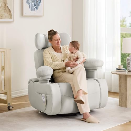Image of MAMAZING Lullapod Max Power Nursery Rocking Chair with Independent Recline & Footrest, Swivel Nursery Recliner Glider with Electric Adjustable Armrests, Silent Rocking, Oeko-TEX Certified