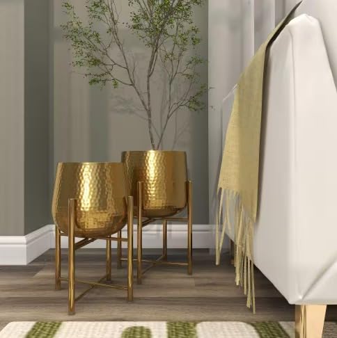 Image of Round Shape Metal Indoor & Outdoor Large Golden Planter Pot for Living Room Bedroom & Interior Balcony Sets of 2