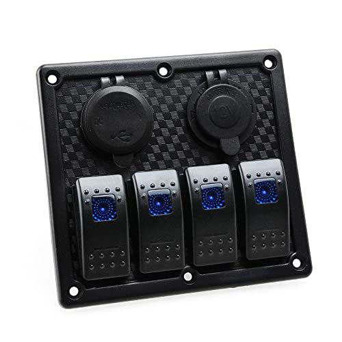 (トクトヨ)Tokutoyo QC3.0急速充電USB(青LED電圧計内蔵)+シガーソケット+LED表示4連スイッチ 埋め型3in1増設ポート 12/24V車用や船舶等に