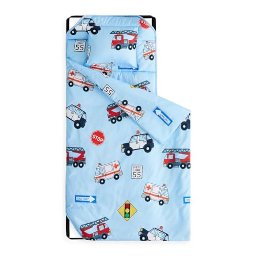 Image of Wake In Cloud - Cot Nap Mat with Pillow and Blanket, for Toddler Kids Boys Ages 3 Plus in Daycare Kindergarten Preschool with Elastic Corner Straps, Cars Rescue Vehicles