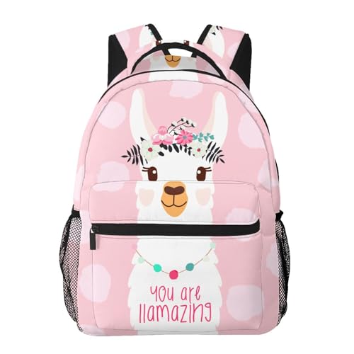 HKHEHOP Cute Pink Llama Girly Kawaii Alpaca Backpack For School Laptop Bags Bookbag Big Casual Daypack For Student Girls Boys Kids Teens Travel Sports Work