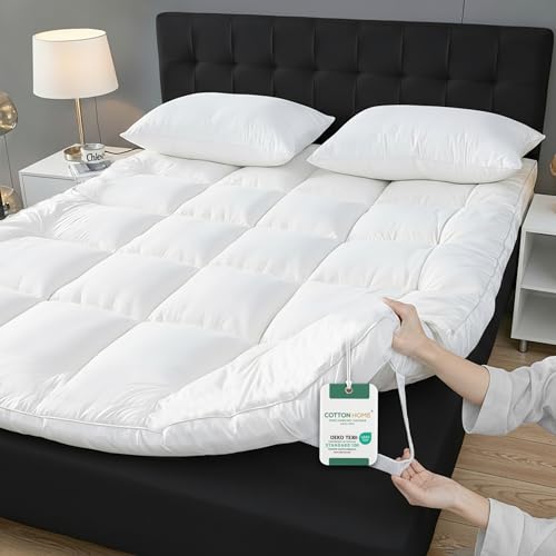 Cotton Home Mattress Topper- 90x190x5cm White Supersoft Hotel Luxury 600 GSM Extra Thick Bed Topper With Elastic Bands Fluffy Super Soft Topper Comfortable Breathable Foam