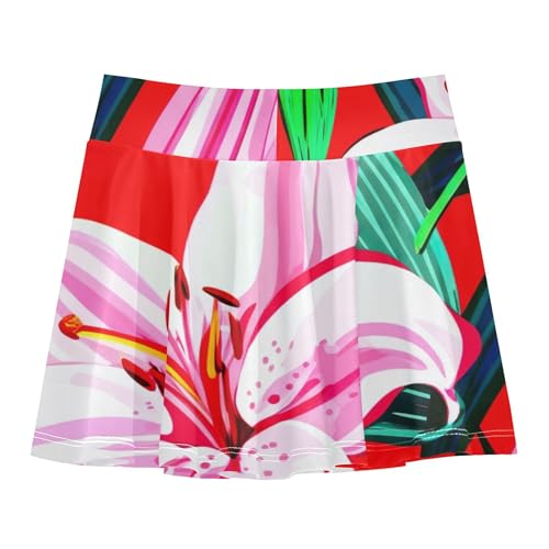 Funny Girls Skorts Athletic Shorts Tennis Skirts for Kids Teen Cheer White Pink Lily Flowers Red 4t2