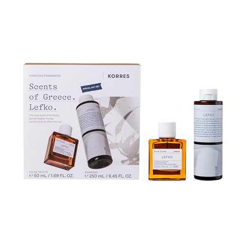 KORRES Lefko Eau De Toilette 1.69 Fl Oz & Shower Gel 8.45 Fl Oz Set, Floral Musk Inspired by Aegean Homes, With Aloe & Marshmallow Root Extract, Unisex Care, Vegetarian, Cruelty Free, Made in Greece