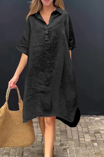 Image of chouyatou Women's Summer Casual Linen Beach Tunic Dress Loose High Low Midi Long Polo T Shirt Dress