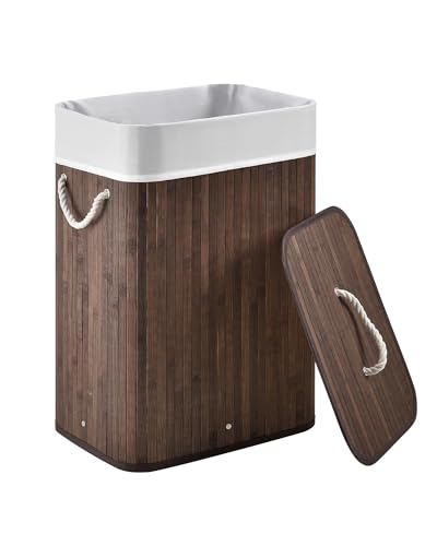 Juskys Bambus Wäschekorb Curly Braun 72L - Hygienischer & Faltbarer Wäschekorb mit Deckel, Tragegriff & Wäschesack - Natürliche Bambus Optik