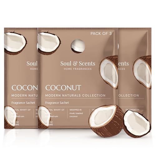 Image of Soul & Scents Coconut Fragrance Sachet | A Blend of Toasted Coconut, Vanilla & Musk | Long-Lasting Air Freshener for Car, Wardrobe, Kitchen, and Travel Bag | Pack of 3-20gm Each