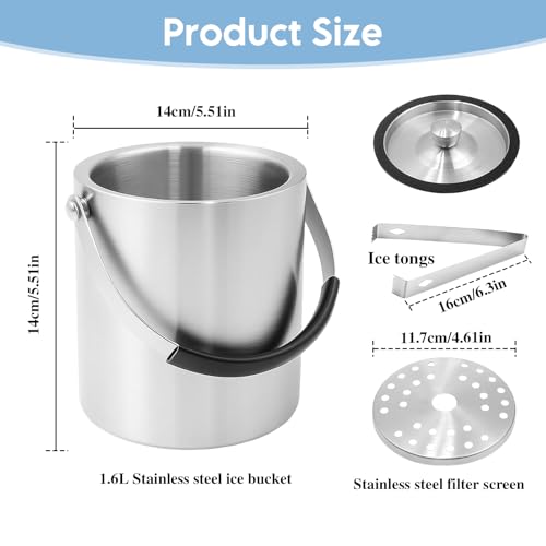 1.6L Double Walled Stainless Steel Insulated Ice Bucket with Silicone Lid, Strainer, Tongs, Ice Bucket Wine Buckets for Cocktail Bar and Parties - Image 3