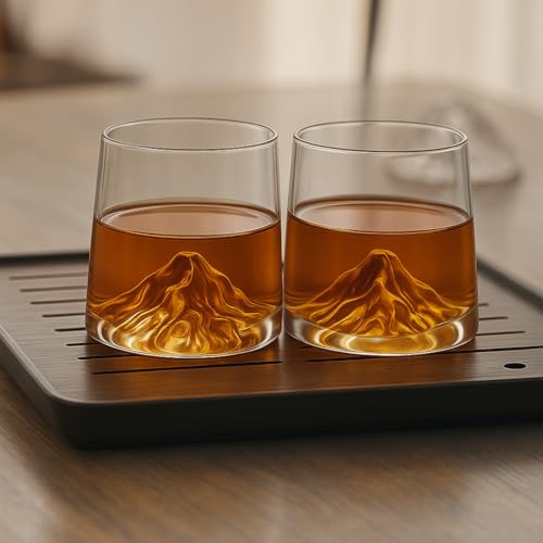 Image of Premium Mountain Base Whiskey Glass Set of 2, 230ml Crystal Tumblers for Bourbon, Scotch & Cocktails (2, Everest)