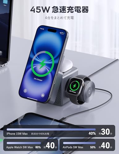 undefined 【自信作 究極の充電器 45W】RORRY ワイヤレス充電器 4in1 magsafe対応 モバイルバッテリー 10000mah 大容量 薄型 アップルウォッチ充電器 15W ワイヤレス充電 マグセーフ充電器 急速充電 45W USB-C電源アダプター付属 4台同時充電ステーション for iPhone/apple watch/airpods の商品画像 4