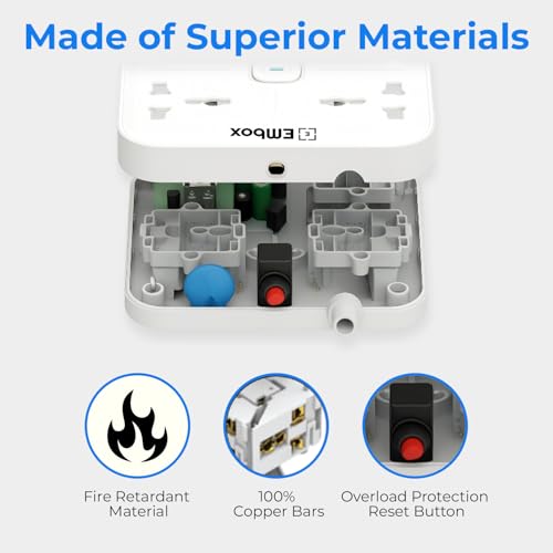 Image of Embox Extension Board 5 Meter Cable | USB Ports 2 QC1 PD (20W) and 3 Universal Sockets | Extension Cord with Overload Protector | 2500W Extension Board with Switches Safety Shutter LED Indicator