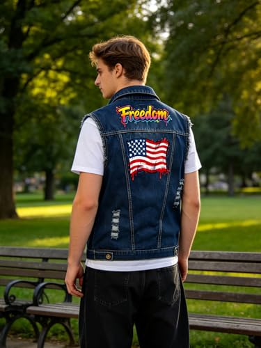 Image of Idopy Men`s American Flag Retro Ripped Denim Jeans Vest Sleeveless Jacket