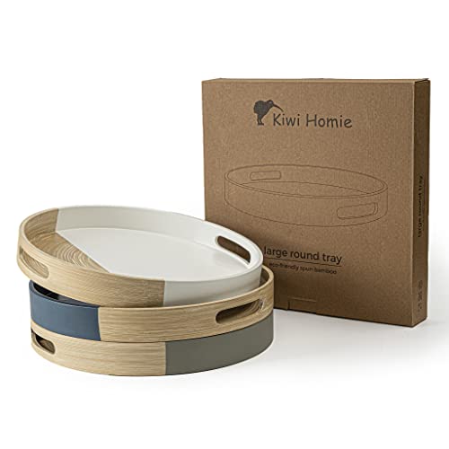 Kiwi Homie 13.78" Dia Spun Bamboo Serving Tray, Round Tray With Handles, Round Ottoman Tray, Semi Blue For Coffee Table, Serving Food On Home Dining Table, Restaurant (Blue) #TOP3