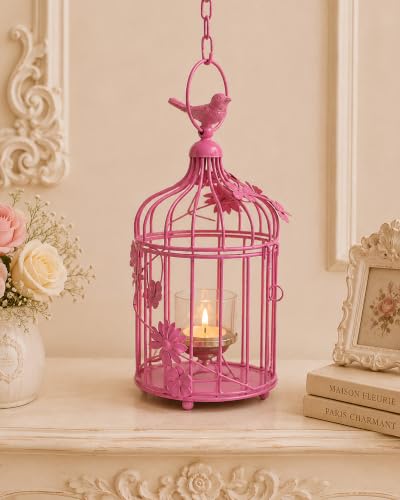 Image of Homesake Pink Hanging Cage Tealight Candle Holder with Floral Vine & Hanging Chain, Decorative Metal Lantern for Diwali Decoration, Home Decor, Balcony, Living Room, Return Gifts for Pooja