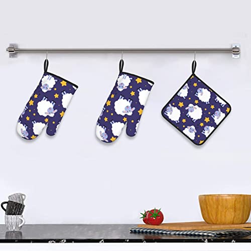 Sheep Printed Oven Mitts And Pot Holders Sets,Washable Heat Resistant Kitchen Non-Slip Printed Grip Oven Gloves For Microwave Bbq Cooking Baking Grilling #TOP5