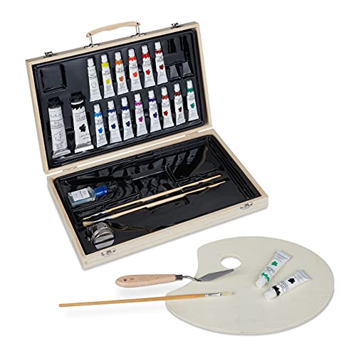 Maletín de pintura con 18 óleos de alta densidad set de artista Relaxdays con espátula de madera 2