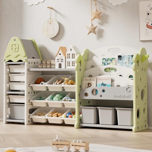 Image of Pipleo Kids Toy Storage Organizer with 17 Removable Bins, 4-Tier Bookshelf for Kids, Multi-Purpose Castle-Shaped Toy Organizer for Playroom, Bedroom, Nursery, Living Room (Green)