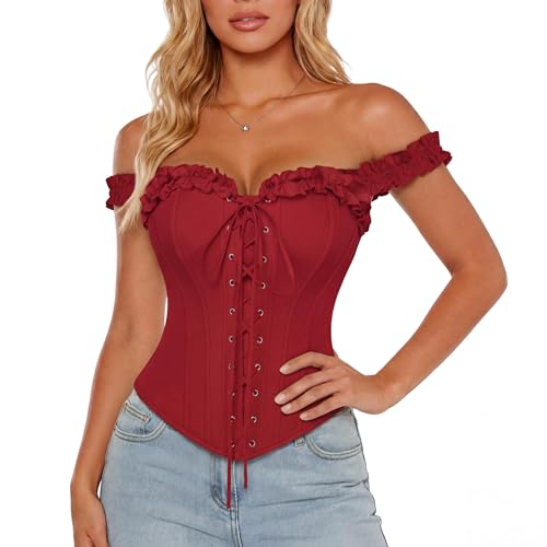 Scarlet Darkness Corset Tops for Women Lace Up Overbust Corset Ruffle Bustier Top Wine Red Size 8