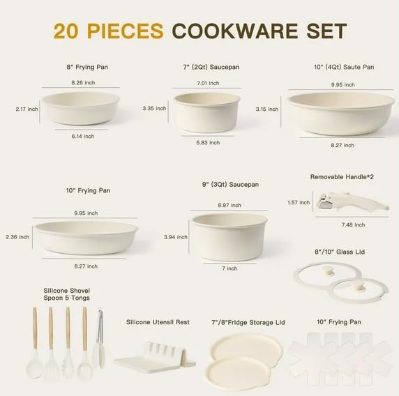 20 Piece Ceramic Pots and Pans Set Non Stick, Cookware Set with Detachable Handle, Oven Safe, Induction Ready, Stackable RV Kitchen Cooking Set Removable Handles, Cream White