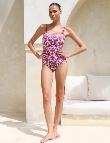 FLAXMAKER Women's One Piece Sling Classic Majolica Adjustable Bathing Suits Back Lace up Swimsuit with Skirt/Shorts3