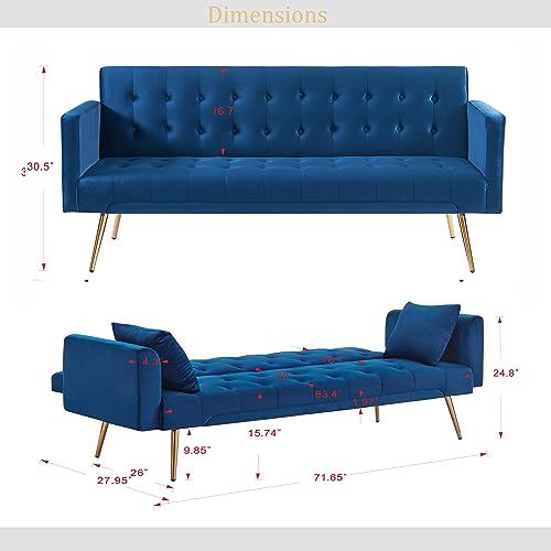 72"Modern Velvet Sofa Bed Futon,Convertible Folding Sleeper Bed Couches With 3 Adjustable Backrests,Tufted Recliner Love Seat With Golden Chrome Legs For Living Room Apartment Home Office (Navy) #TOP1