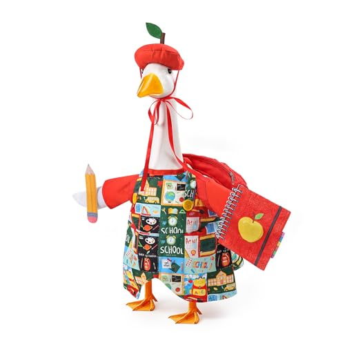 GJL Back to School Porch Goose Outfit for 23 Inch Cement & Plastic Goose Statue Classroom Goose Clothes with Apple Hat & Bookbag School Themed Porch Goose Costume for Yard Patio Lawn Decor