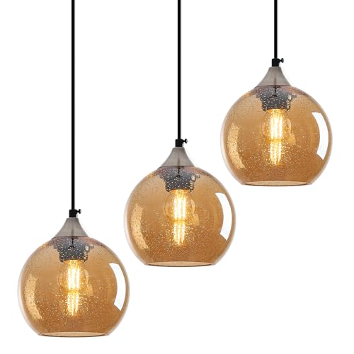Image of Amber Glass Pendant Lights Kitchen Island Globe Pendant Light Fixtures Modern Pendant Lighting for Bedroom Living Dining Room Light Fixture (5.9 in, 3 Pack)