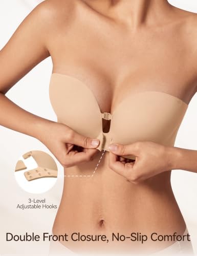 LUCKMEEY Women's Strapless Front Closure Push Up Bra, Non-Slip Removable Straps, Wireless Seamless, A-C Cup Almond Skin X-Large
