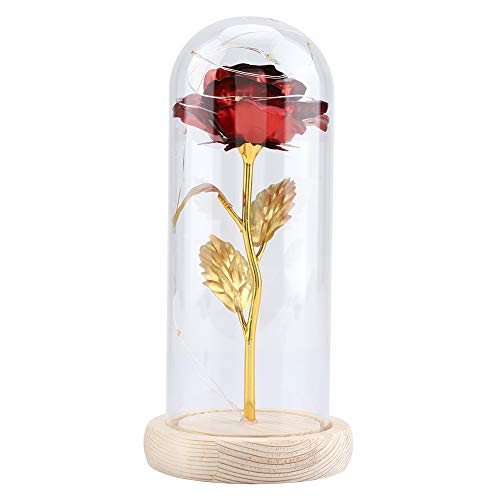 Duokon Luz LED de Flor de Rosa preservada con Cubierta de Vidrio y Base de Madera para el cumpleaños de Valentines'Day Cumpleaños de Navidad Aniversario (Rojo)