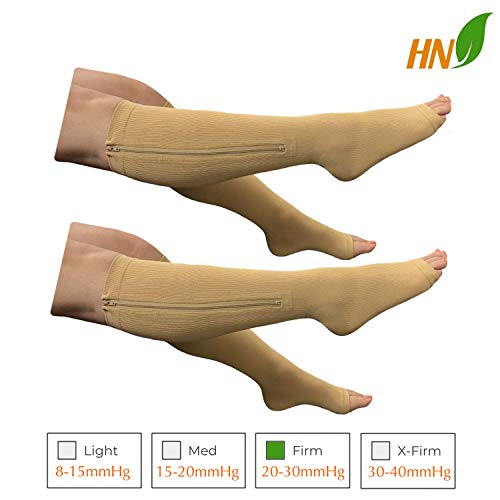 Image of HealthyNees 2 Set Open Toe 20-30 mmHg Compression Leg Calf Swelling Zipper Sock (2 Pairs Beige, 4X-Large)