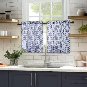 Faironly Diamond Lattice Kitchen Tiers Geometric Trellis Plaid Pattern Curtains 24 Inch Length Cafe Curtains 2 Packs Room Darkening Window Treatment Vintage Home Decor, 26" W X 24" L, Navy Blue #TOP1