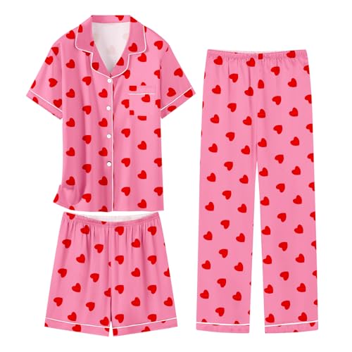 Schbbbta Girls Pajama Set Button Down Silk Pajama Sleepwear Nightwear for Kids Hot Pink Heart 9-10 Years = Tag 150