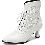 LanreyTaley Women Victorian Lace Booties Wedding Bridal Ankle Boots Witch Costume Boots Mid Heel White Size 39 Asian