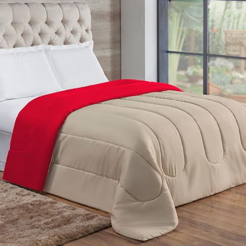 Edredom prime dupla face (Vermelho com cáqui, Casal queen)