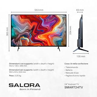 SALORA SMART24TV – Smart TV da 24 Pollici con Android – Display LED, HD Ready, Chromecast Integrato, Dolby Audio, Wi-Fi, Bluetooth, 3x HDMI – TV Compatta Ideale per Casa o Cucina